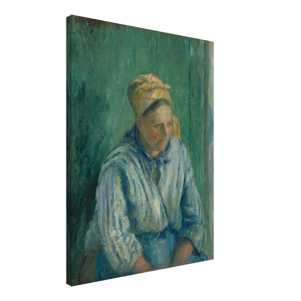 A seated washerwoman in a striped blue blouse and headscarf rests against a deep green background.