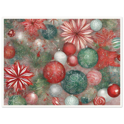 A vibrant festive artwork featuring red, green, and white Christmas ornaments, delicate floral patterns, and evergreen branches, evoking holiday cheer.