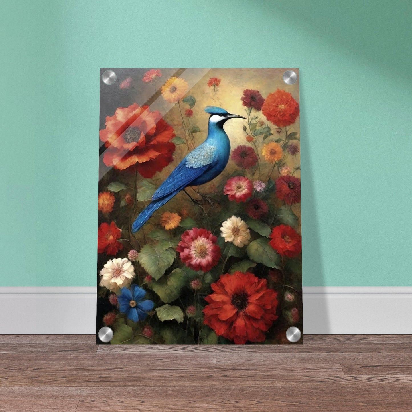 "A vibrant painting of a blue bird perched among blooming flowers in red, orange, and pink hues, set against a soft, warm background."