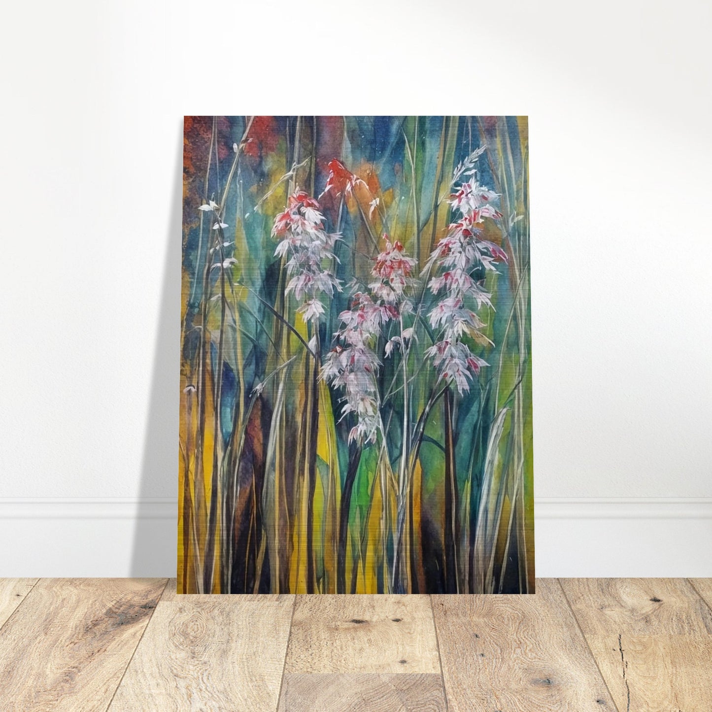 Delicate white and red wildflowers rise among tall, slender grasses, set against a softly textured background of green, blue, and golden hues.