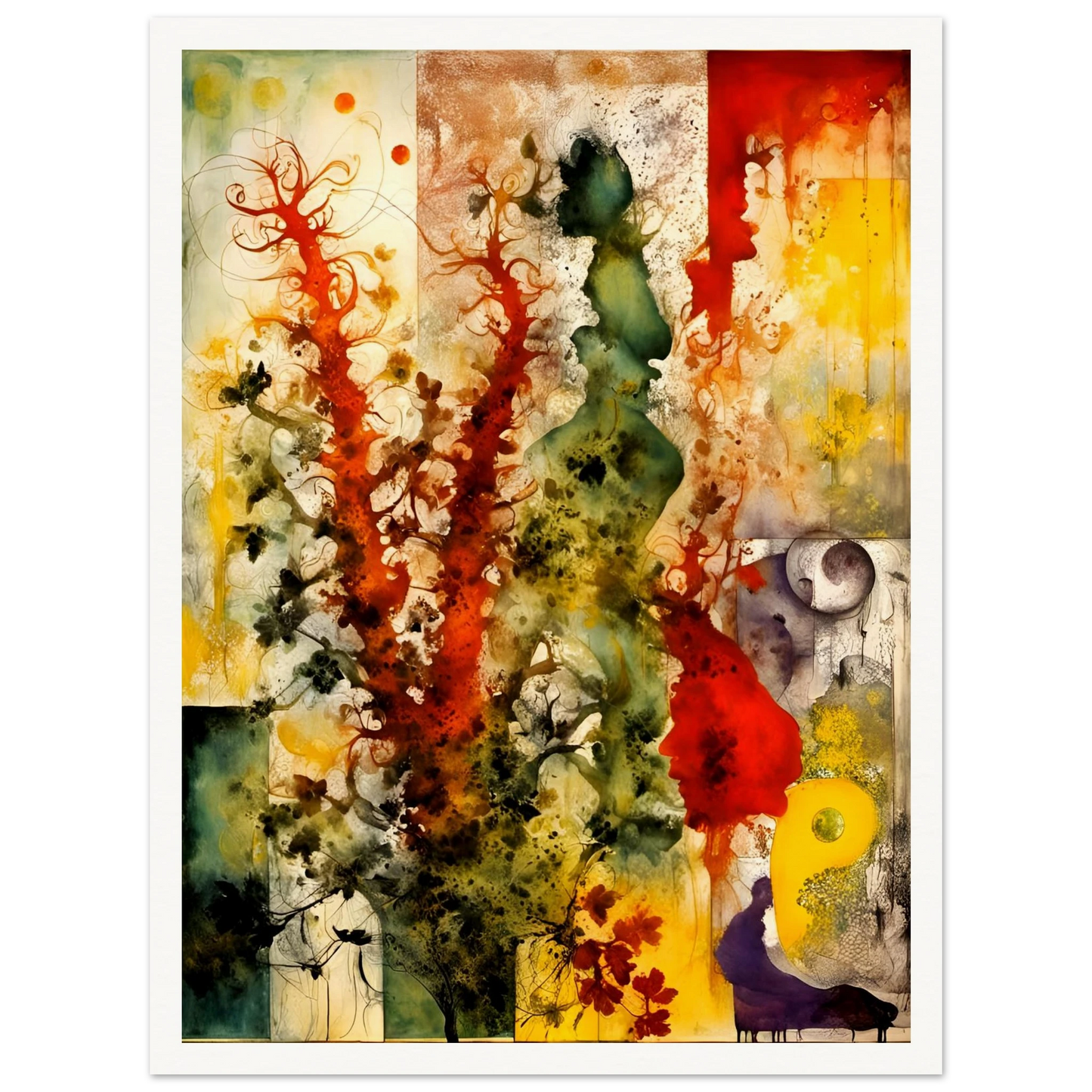 Vivid bursts of red, green, and yellow flow across abstract silhouettes and flora in a dreamlike, nature-inspired composition.