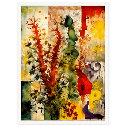 Vivid bursts of red, green, and yellow flow across abstract silhouettes and flora in a dreamlike, nature-inspired composition.