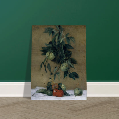 Apples and leaves hang above red fruit on a white cloth in a muted still life