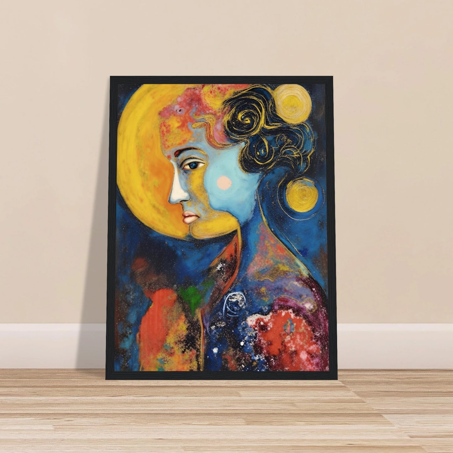 Blue celestial portrait with golden moons, dark curls, and vivid red and yellow cosmic textures.