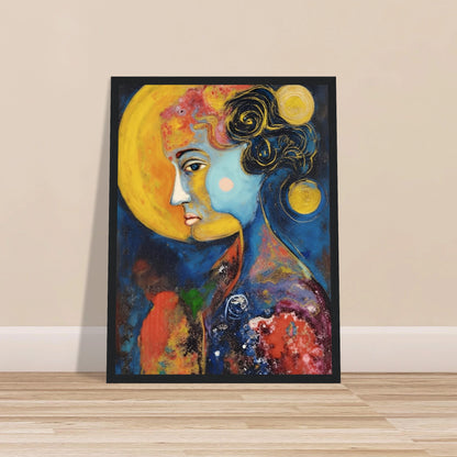 Blue celestial portrait with golden moons, dark curls, and vivid red and yellow cosmic textures.