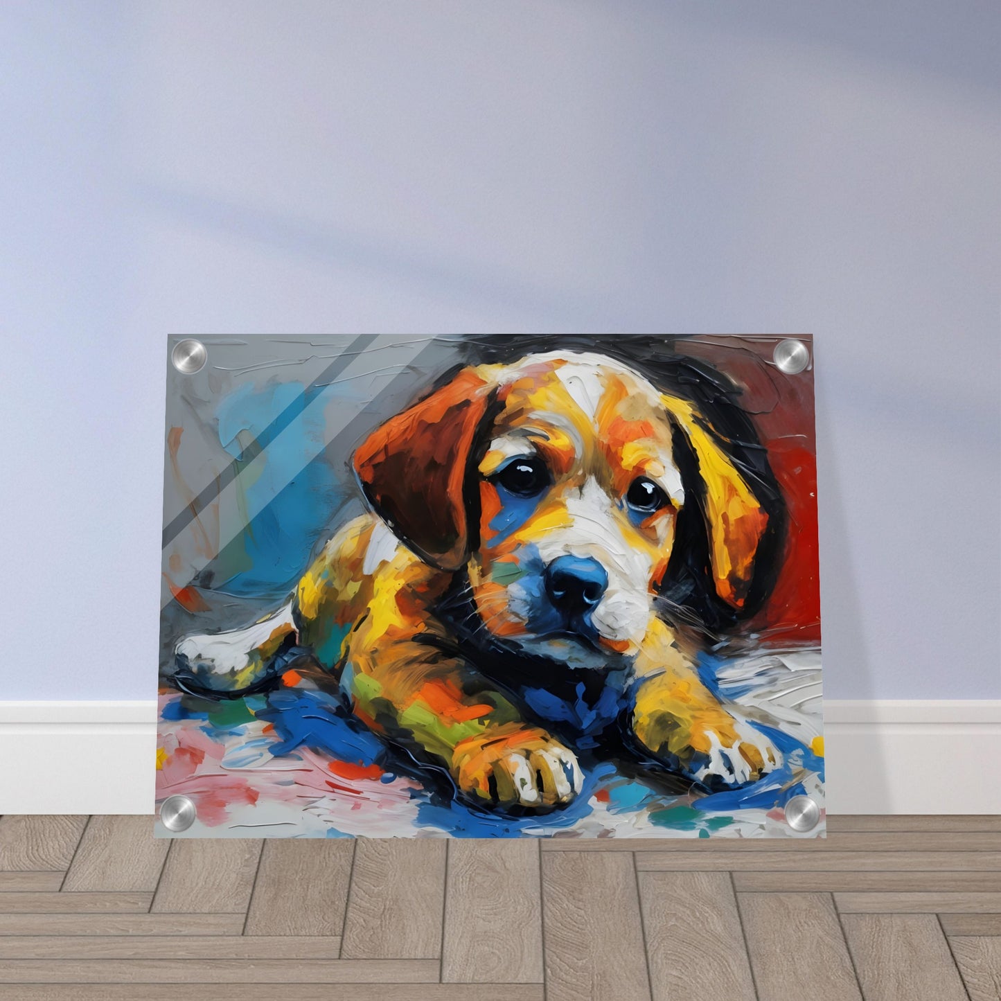 A vibrant and expressive painting of a puppy with warm orange, yellow, and blue tones, capturing its soulful eyes and soft fur.