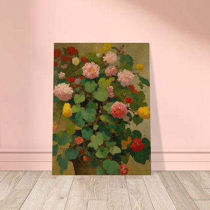 A lush painting featuring a variety of colorful flowers in full bloom, with green leaves in the background.