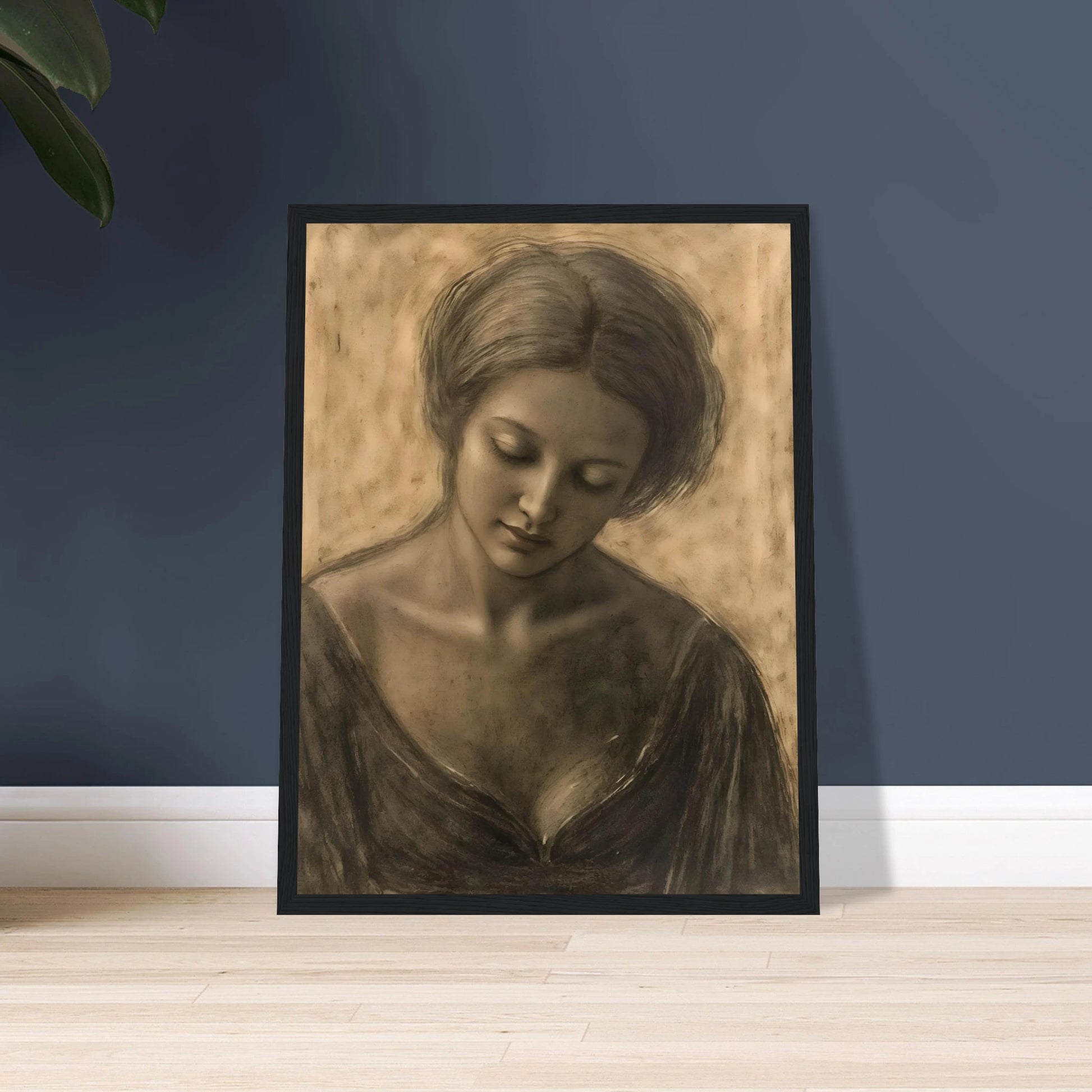 A soft sepia portrait of a contemplative woman with lowered gaze, delicate features, and timeless elegance.