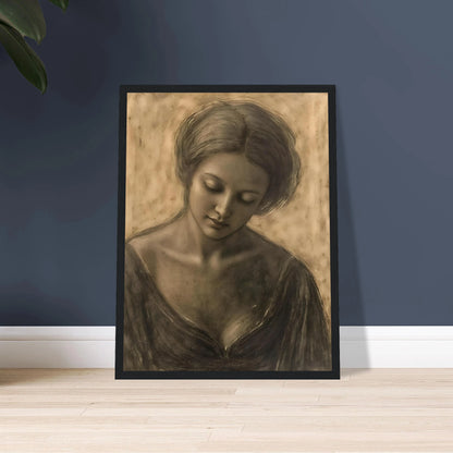 A soft sepia portrait of a contemplative woman with lowered gaze, delicate features, and timeless elegance.
