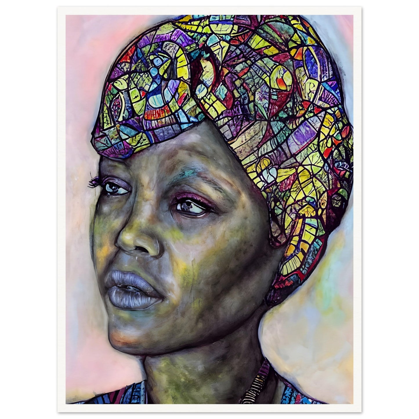 A striking portrait of a woman with a vibrant, mosaic-patterned headwrap, deep expressive eyes, and a contemplative gaze against a soft-toned background.