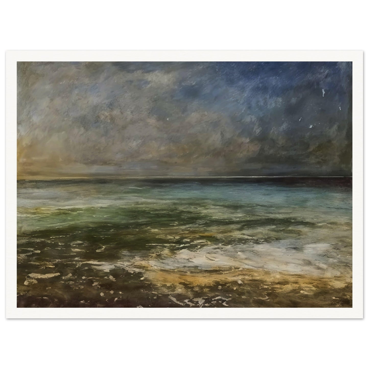 A calm sea under a moody sky, with soft waves rolling onto the shore, capturing the peaceful yet dynamic nature of the ocean.