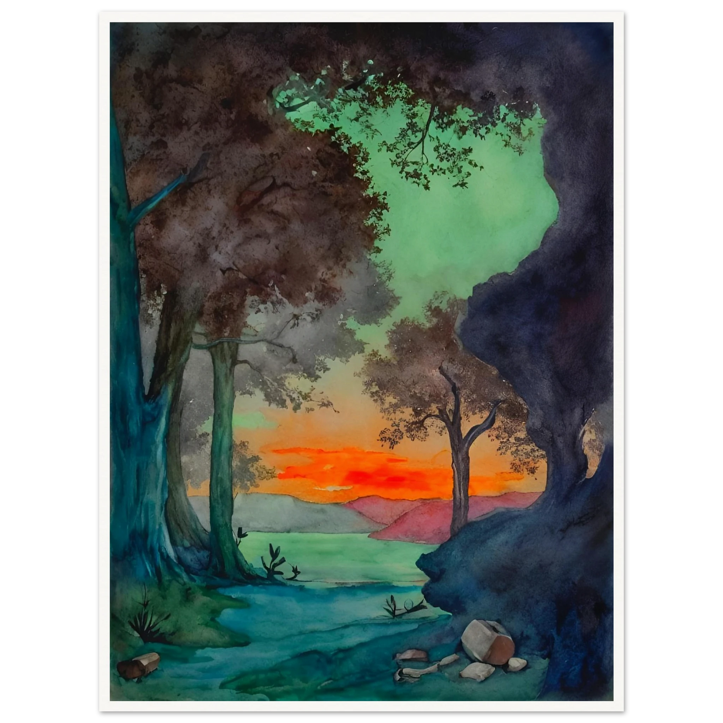 Sunset glows behind a forest clearing and mountain lake, framed by dark trees and vivid green and blue shadows.