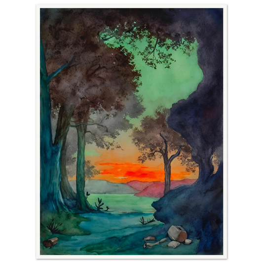 Sunset glows behind a forest clearing and mountain lake, framed by dark trees and vivid green and blue shadows.