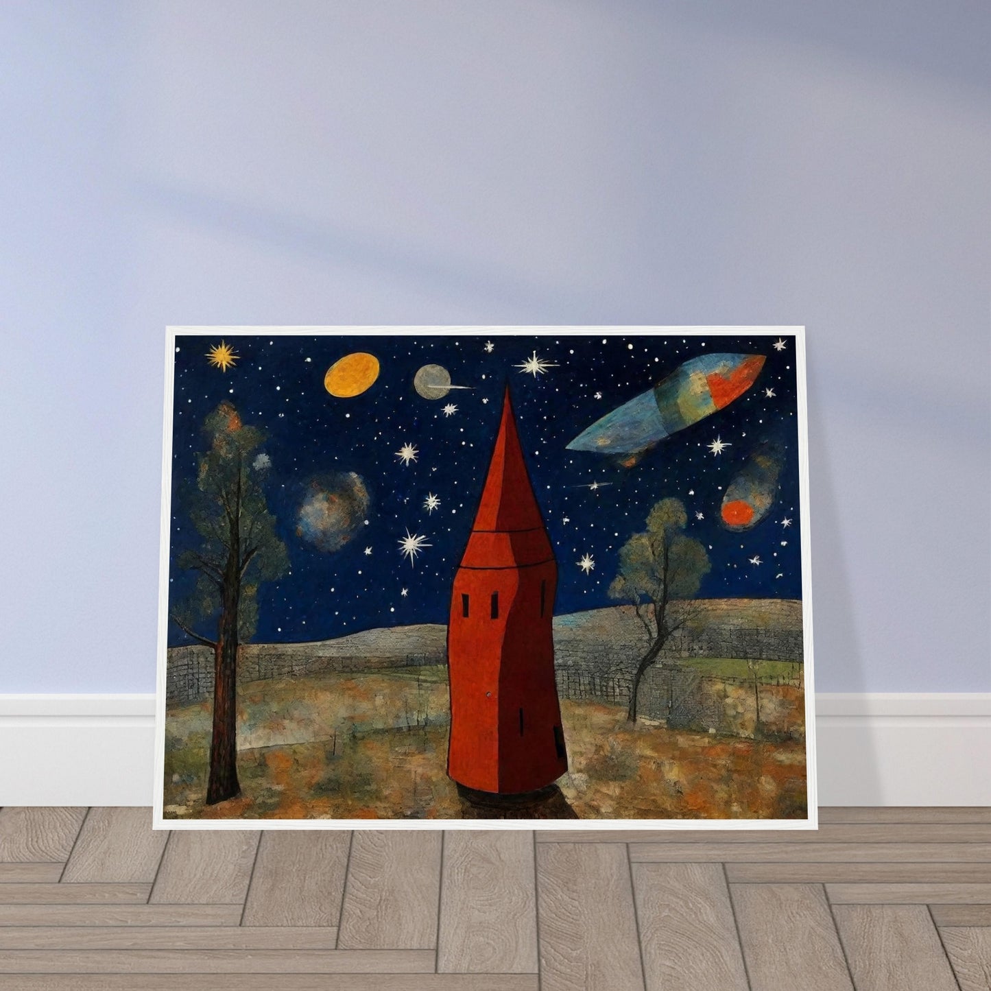 Whimsical scene of a red tower under a starry sky, with planets and a spaceship flying in a cosmic landscape surrounded by trees.