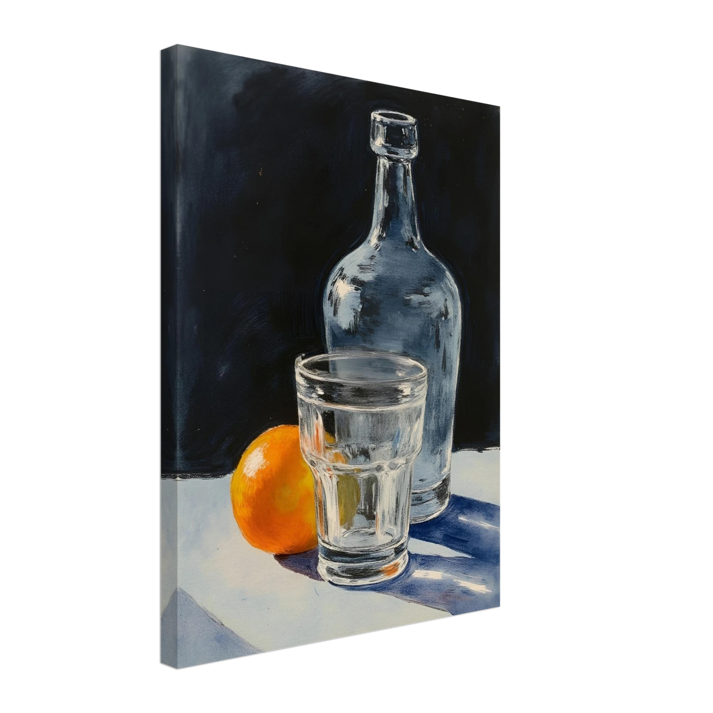 A clear glass, bottle, and orange sit on a sunlit surface, casting soft shadows against a dark background.