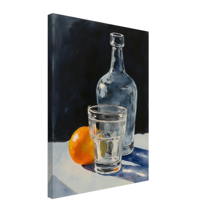 A clear glass, bottle, and orange sit on a sunlit surface, casting soft shadows against a dark background.