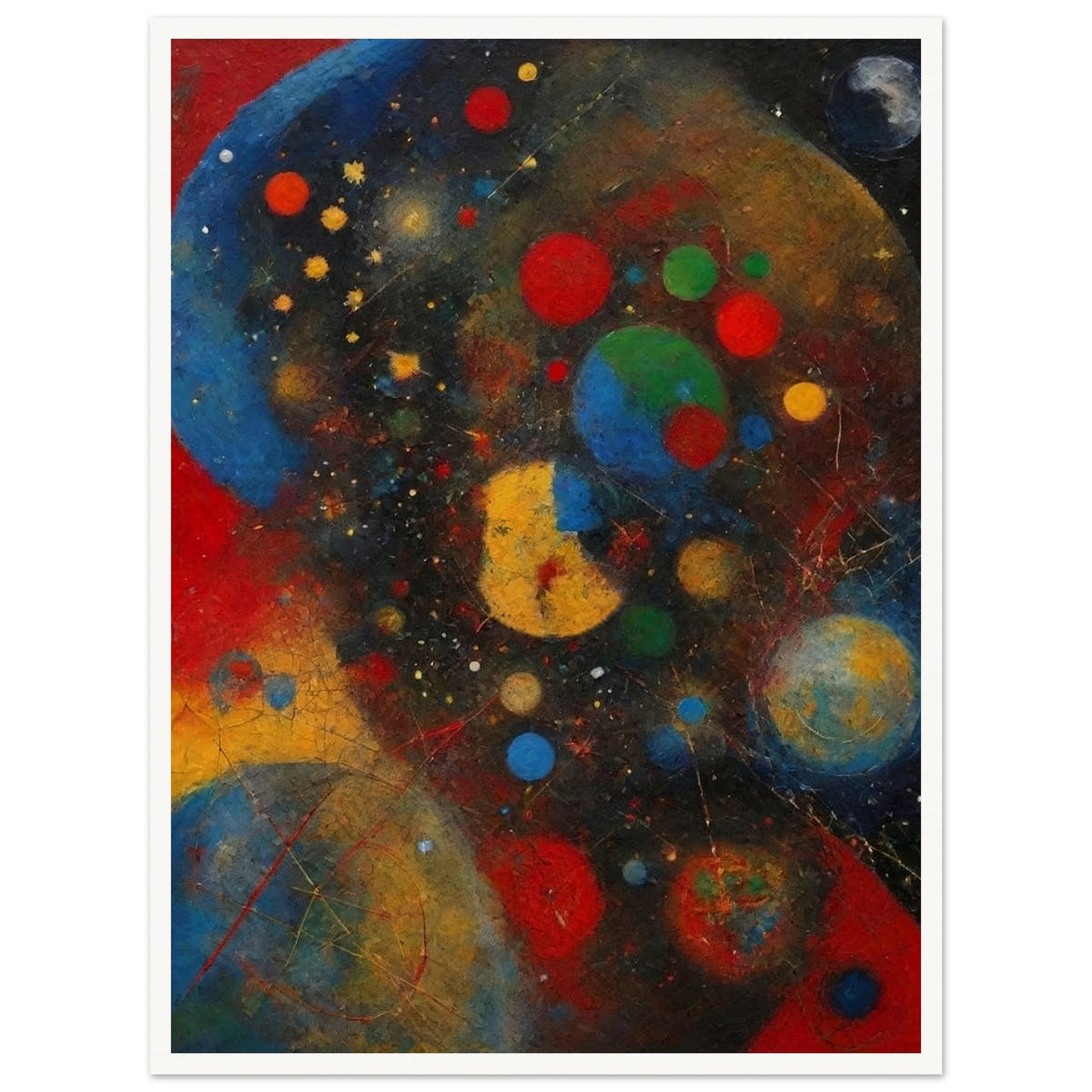 An abstract painting with vibrant colors and shapes, depicting a cosmic scene filled with celestial bodies.