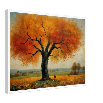 "A breathtaking landscape featuring a large tree with vibrant orange and yellow autumn leaves, set against a tranquil countryside."