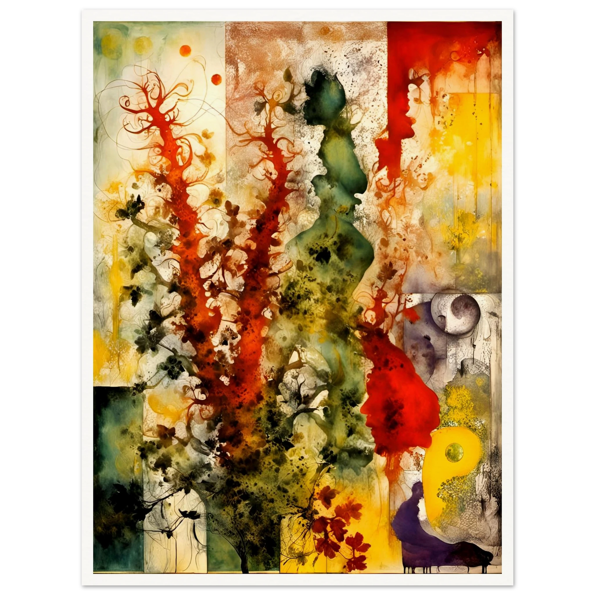Vivid bursts of red, green, and yellow flow across abstract silhouettes and flora in a dreamlike, nature-inspired composition.