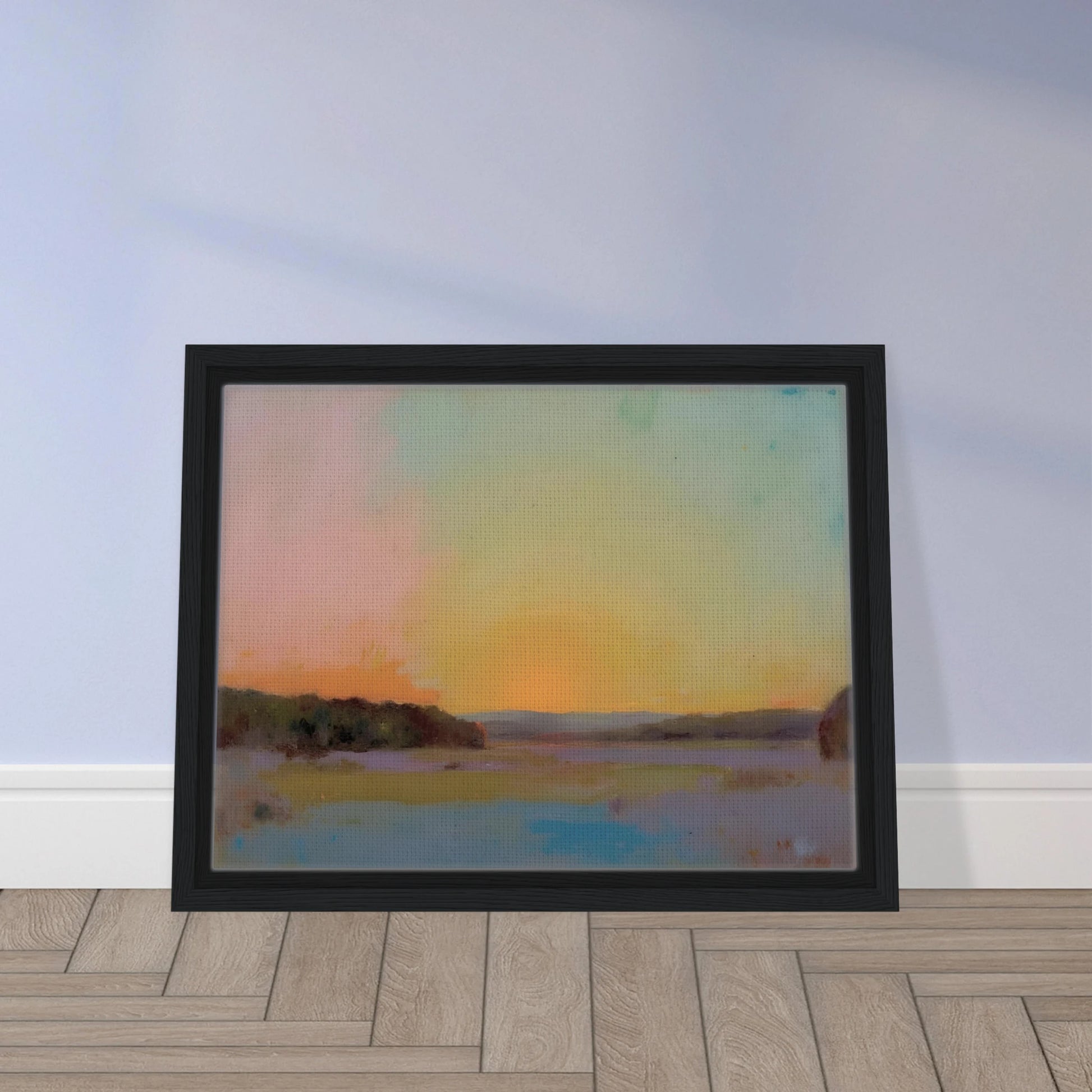 A pastel-toned sunrise casts soft pink, yellow, and blue hues over tranquil open fields bordered by distant trees.