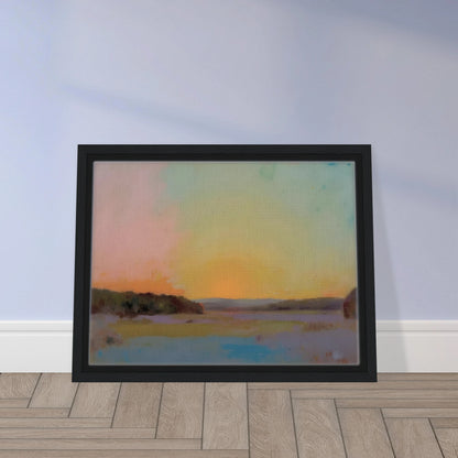 A pastel-toned sunrise casts soft pink, yellow, and blue hues over tranquil open fields bordered by distant trees.