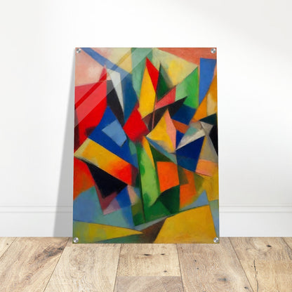 A vibrant abstract painting with sharp, colorful geometric shapes creating a dynamic and energetic composition.