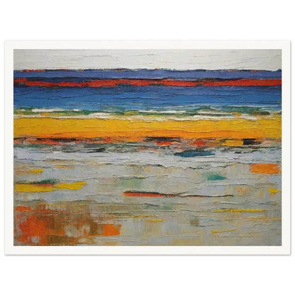 An abstract painting featuring horizontal layers of vibrant colors, including deep blues, bright yellows, and muted grays. The textured brushstrokes create a sense of depth and movement, evoking the appearance of layered landscapes or geological strata.