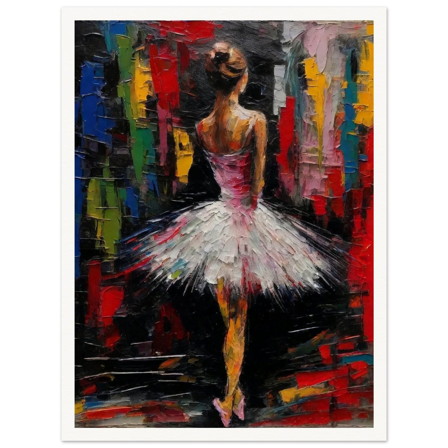 An expressive painting of a ballerina in a white tutu, standing against a vibrant, abstract background.