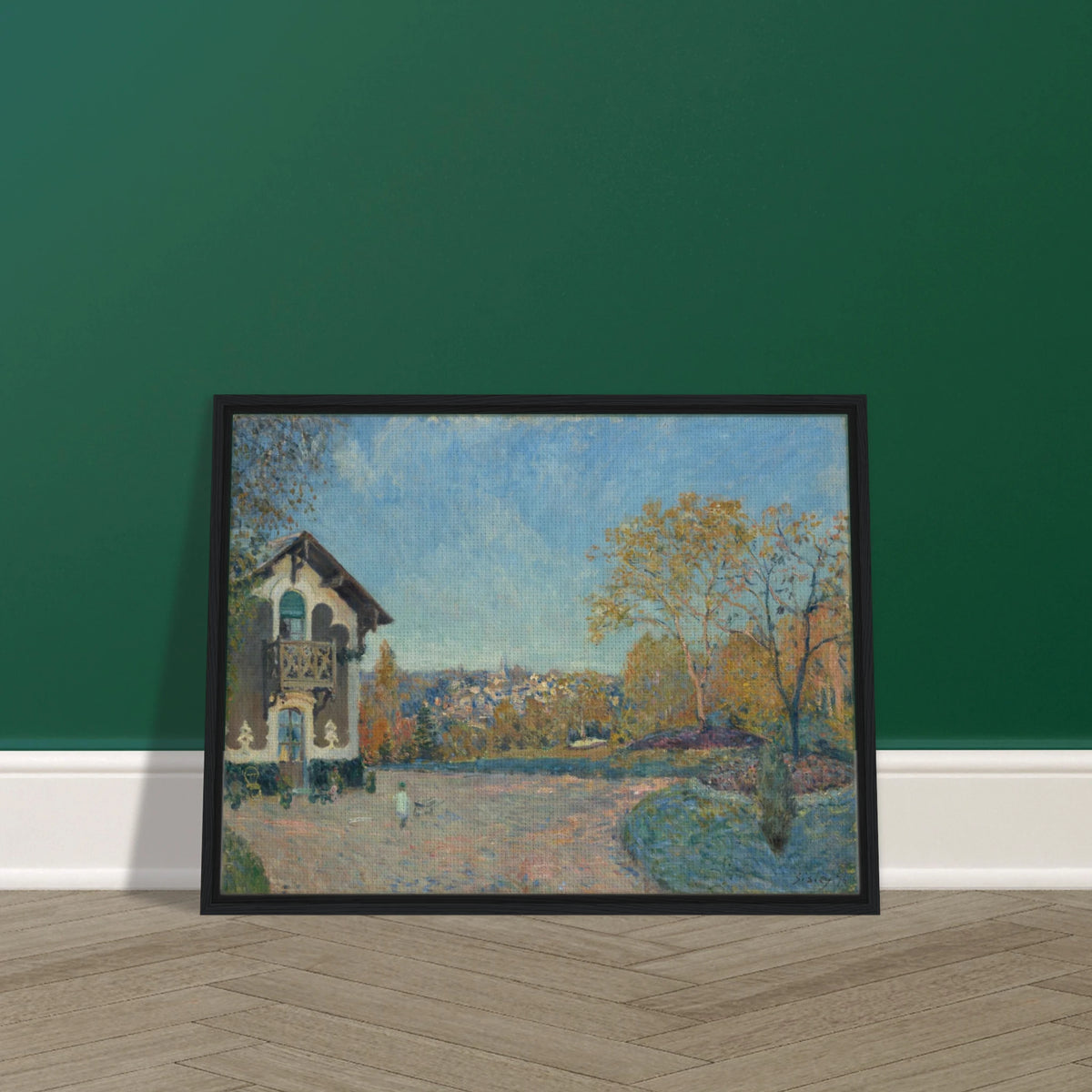 A villa and autumn trees overlook Marly-le-Roi beneath a luminous blue sky.