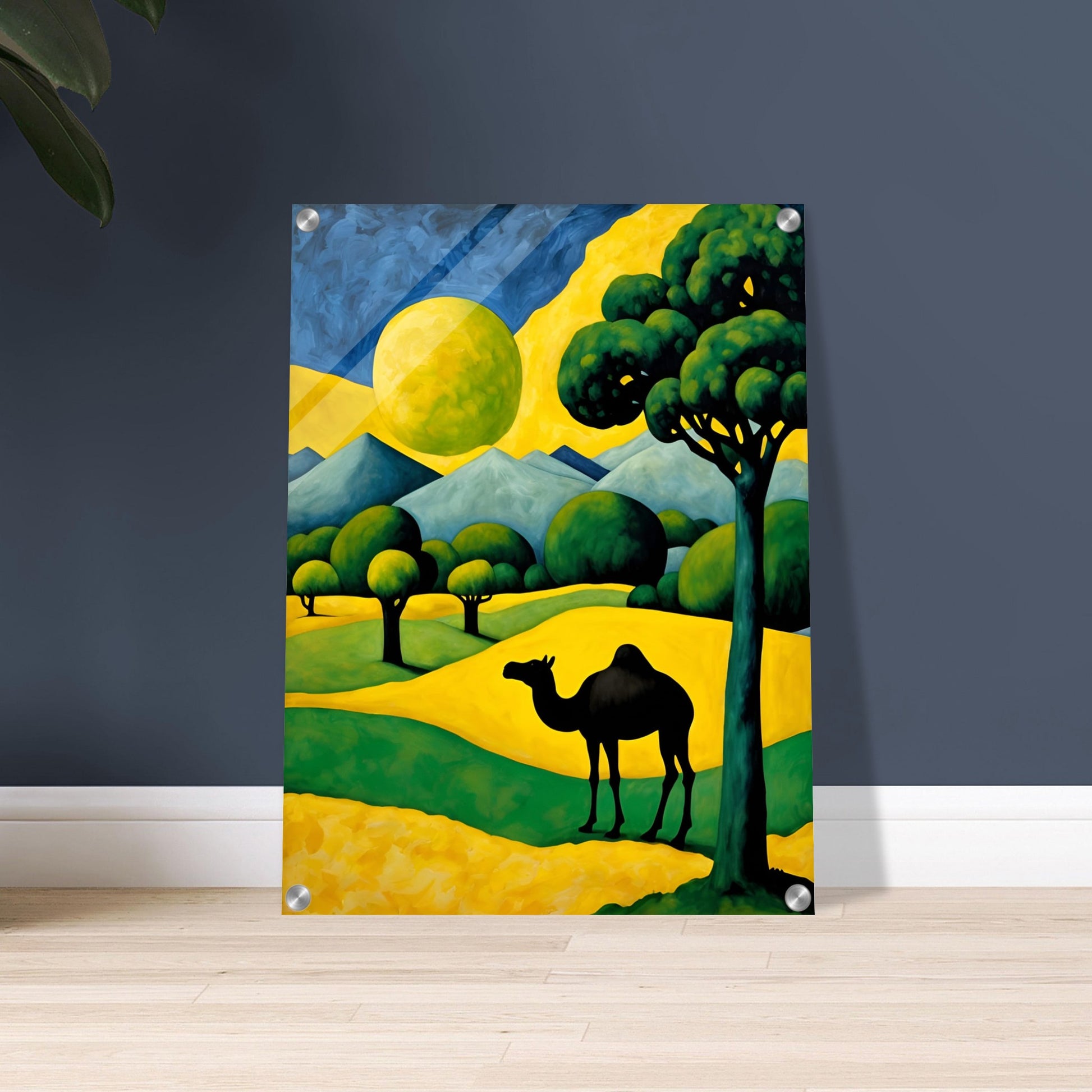 A surreal desert scene with a black camel silhouette against rolling golden dunes, lush green trees, and a glowing yellow moon.