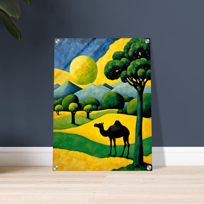 A surreal desert scene with a black camel silhouette against rolling golden dunes, lush green trees, and a glowing yellow moon.