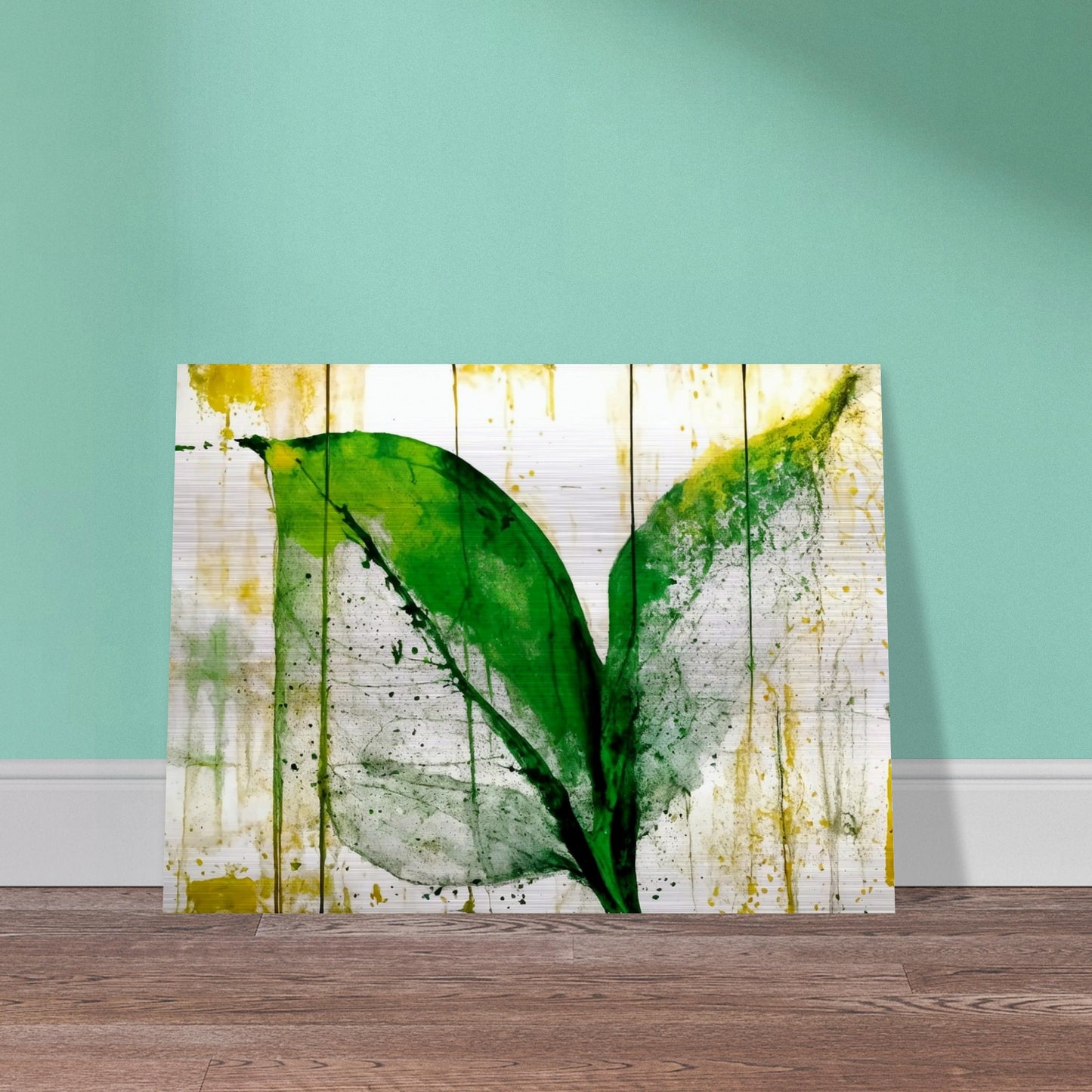 A vibrant green leaf with abstract textures and splashes of yellow on a white background, evoking a fresh and organic feel with artistic brushstrokes.