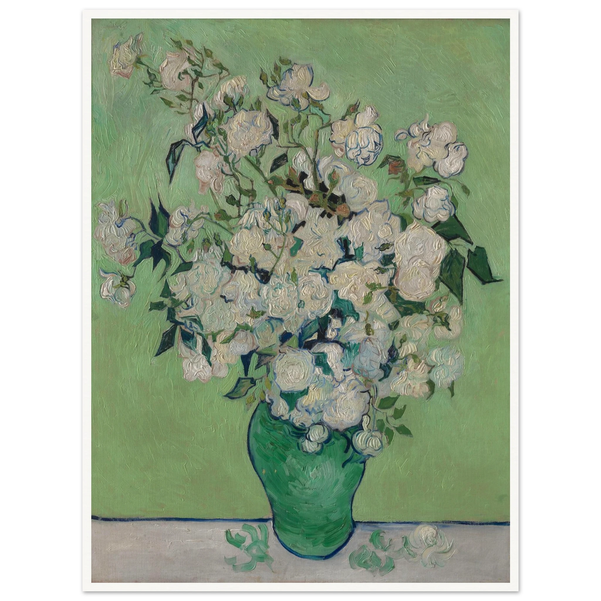 White roses bloom in a green vase against a pale green background with thick brushwork.