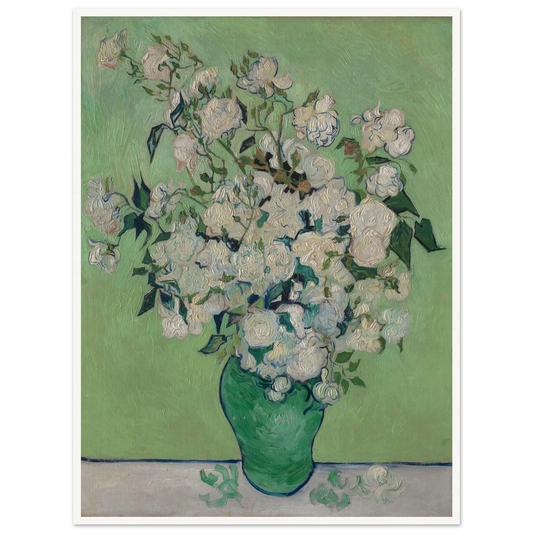 White roses bloom in a green vase against a pale green background with thick brushwork.