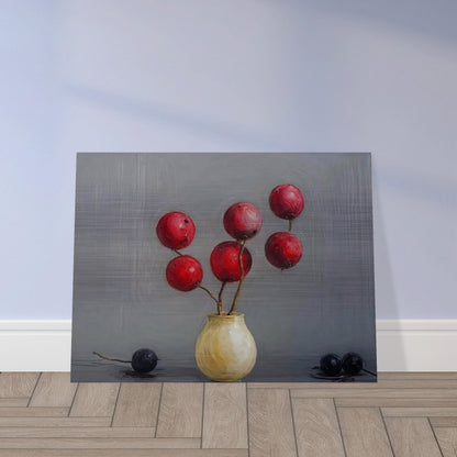 A minimalist still life painting featuring red berries arranged in a small, round vase, set against a soft gray background, with two dark berries resting on the table.