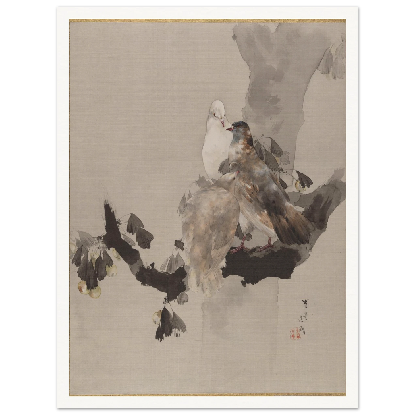 Three pigeons perch on a pale tree branch with gray leaves on silk