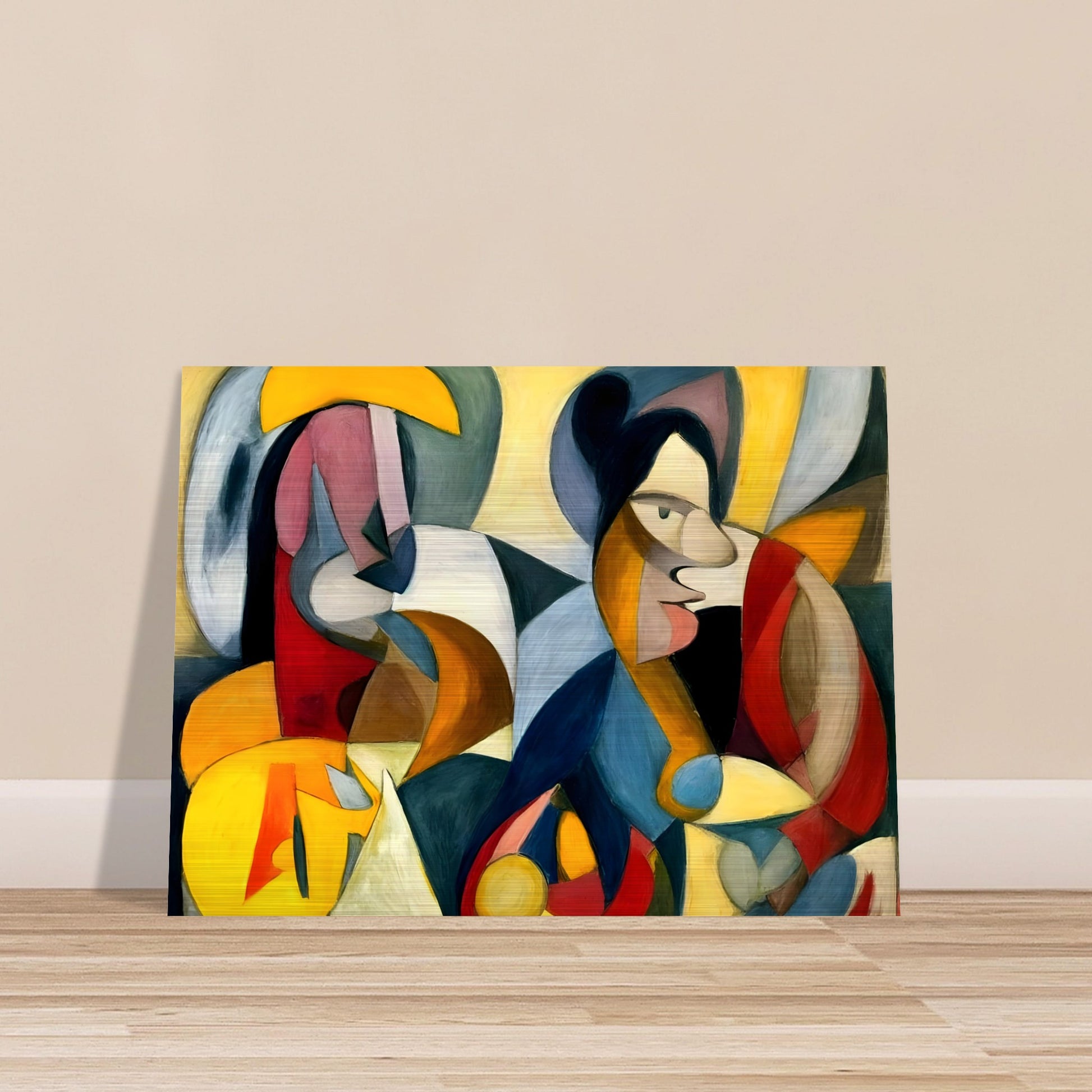 A dynamic cubist painting featuring two abstract human figures, composed of bold geometric shapes in warm and cool tones.