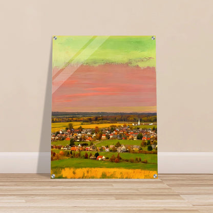 Sunset-lit village landscape with vivid pink, green, and yellow skies over fields and houses.