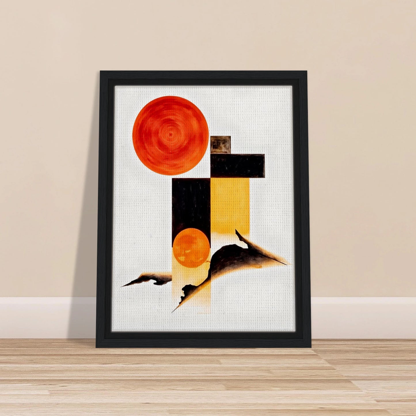 A minimalist abstract composition featuring bold orange circular forms, geometric black and golden rectangles, and flowing dark organic shapes set against a bright white background.