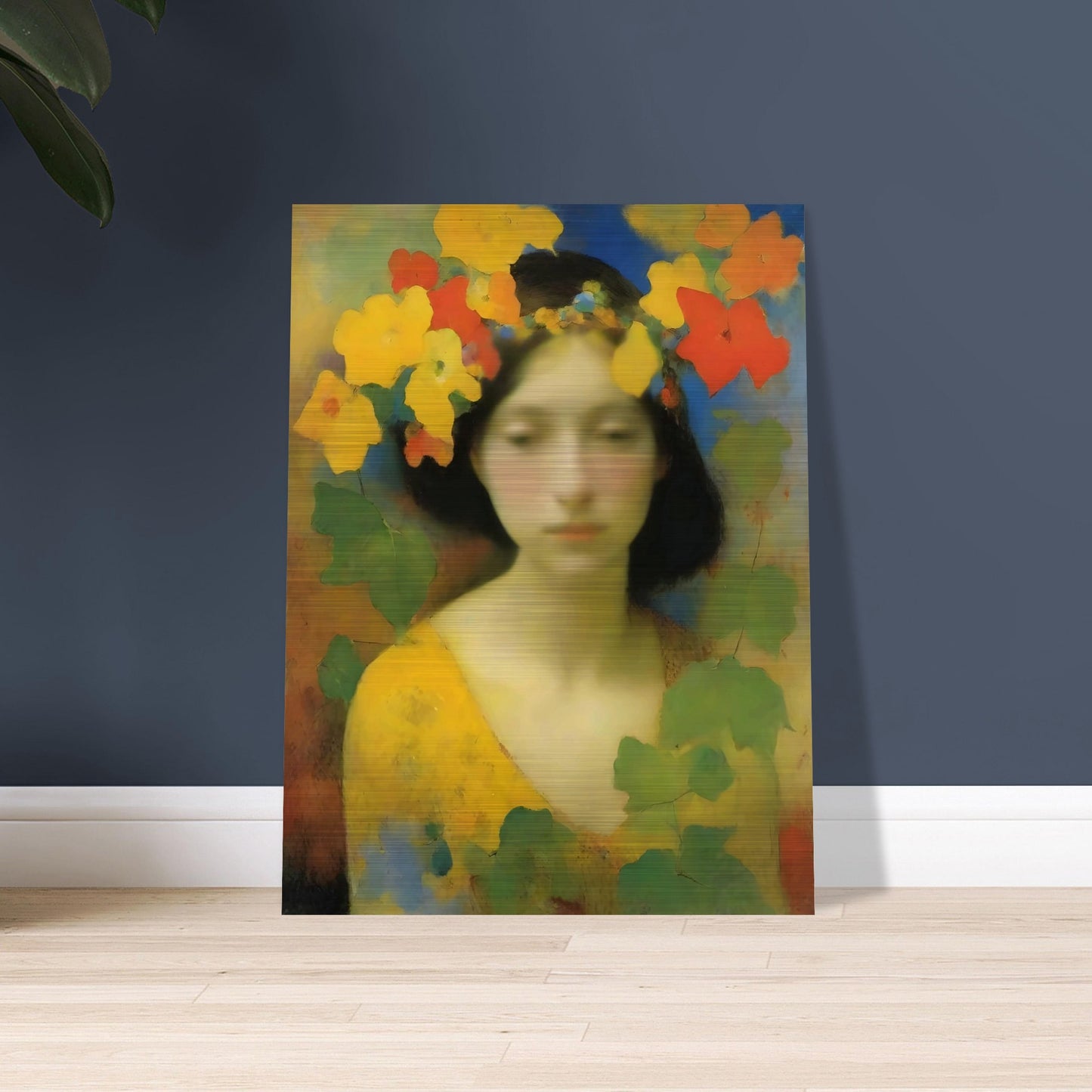 Dreamlike portrait of a serene woman adorned with a crown of yellow, orange, and red flowers, surrounded by soft greenery.