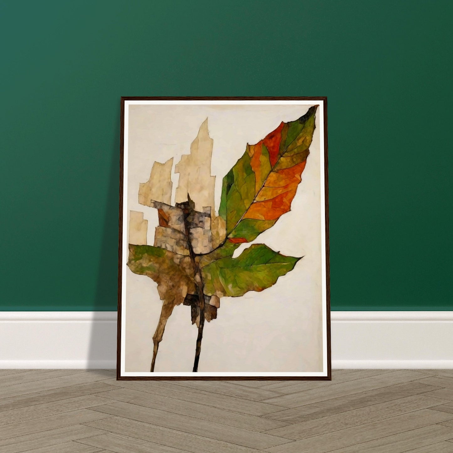 A detailed depiction of a leaf transitioning from green to brown and orange, showing the effects of aging and decay, set against a soft neutral background.