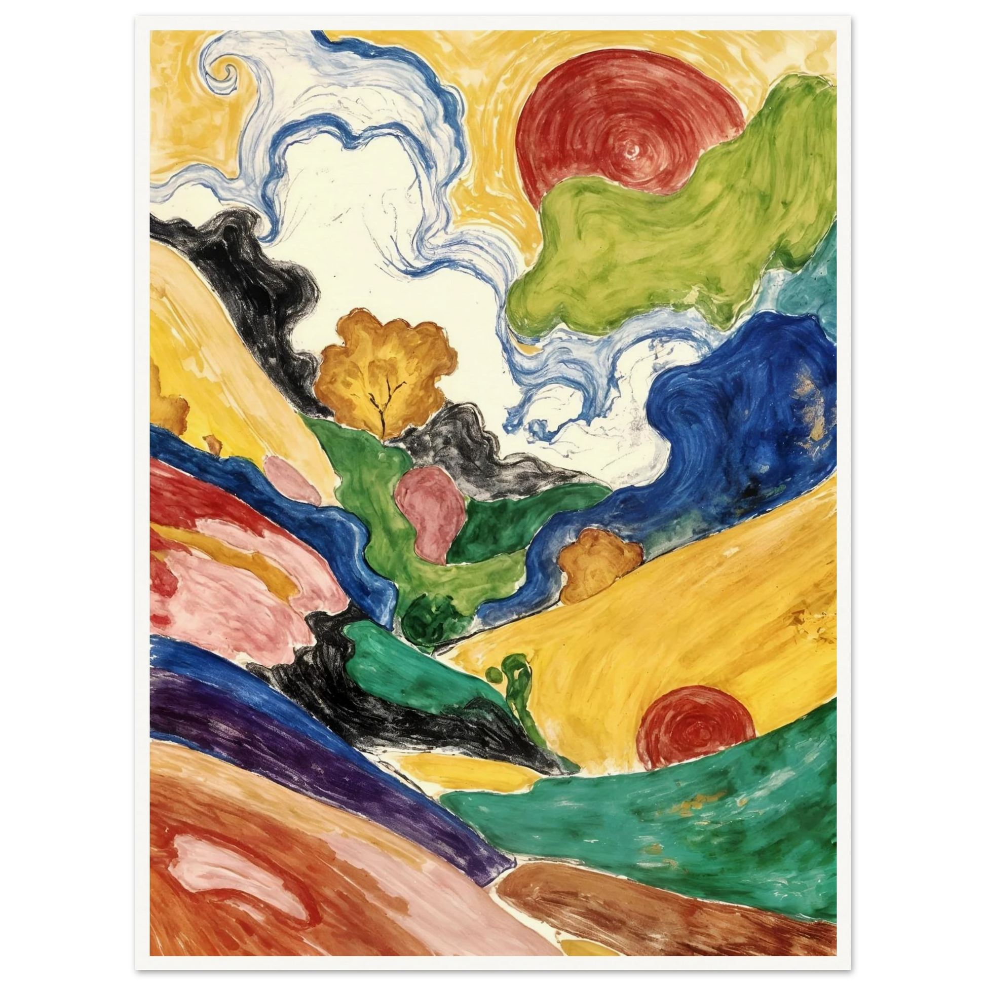 Flowing hills, swirling skies, and crimson suns weave through a vivid landscape filled with movement and color.