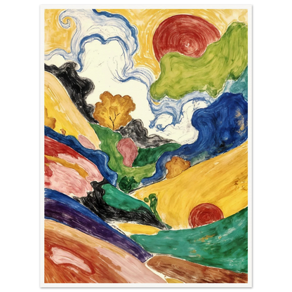 Flowing hills, swirling skies, and crimson suns weave through a vivid landscape filled with movement and color.