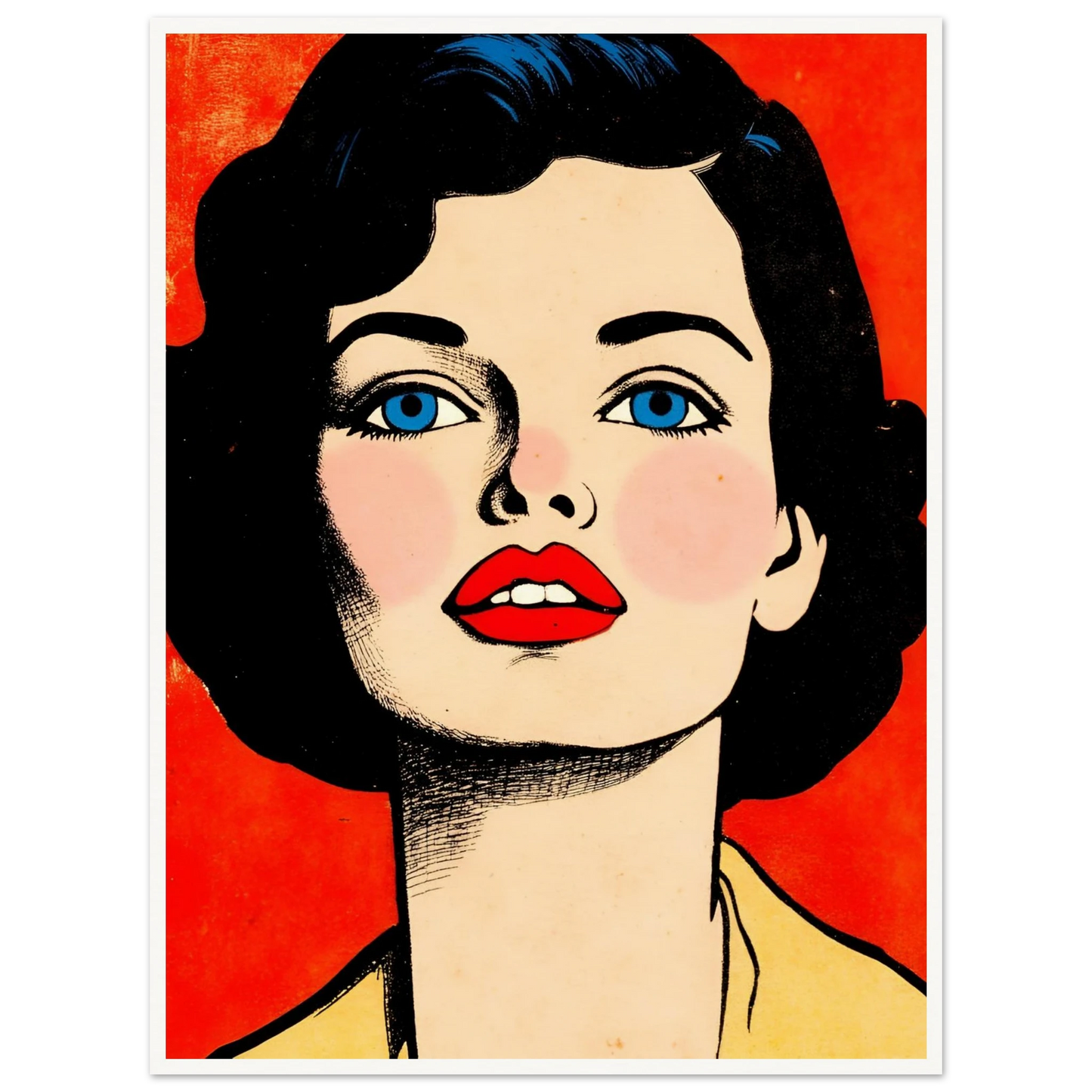 A striking vintage-inspired portrait features a woman with blue eyes, crimson lips, and dark hair against a vivid red backdrop.