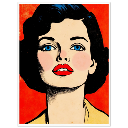 A striking vintage-inspired portrait features a woman with blue eyes, crimson lips, and dark hair against a vivid red backdrop.
