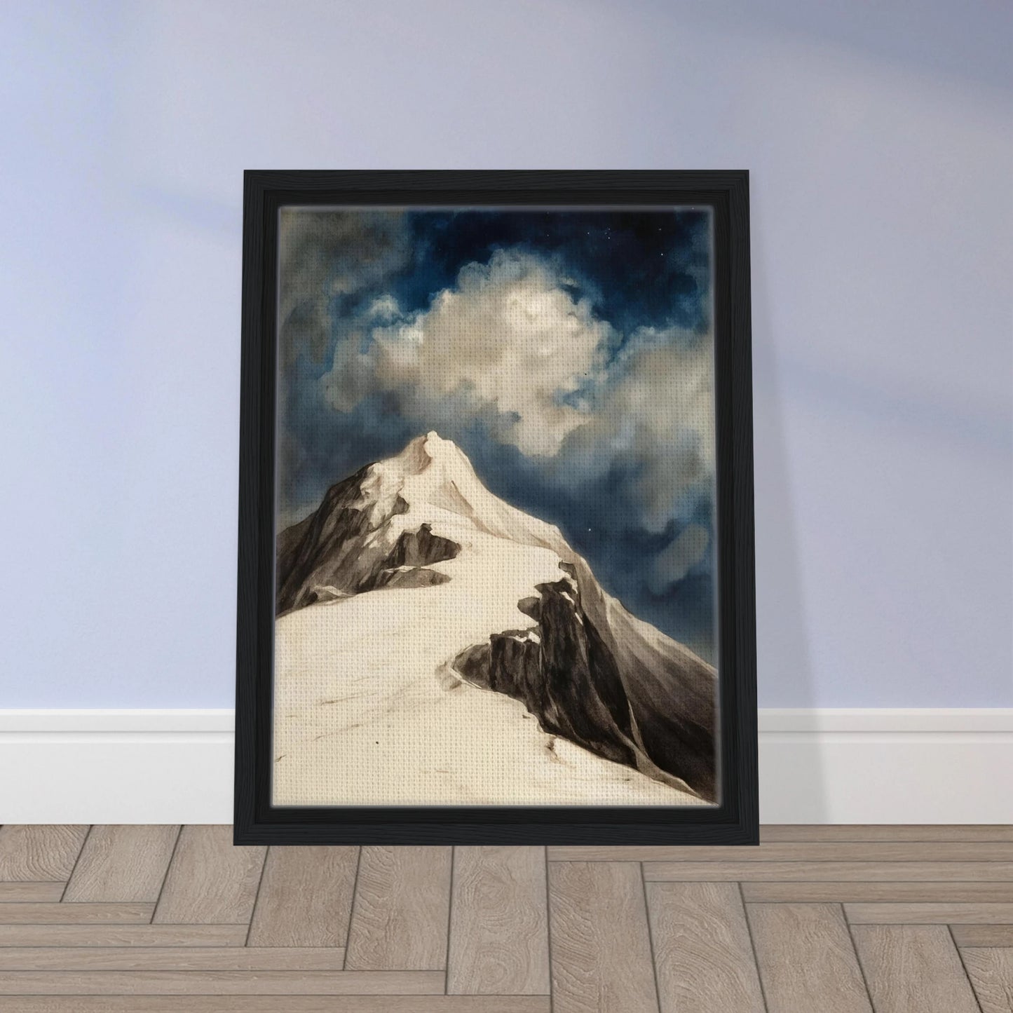 A snow-covered mountain peak rises beneath luminous clouds and a deep midnight sky, capturing solitude and awe.