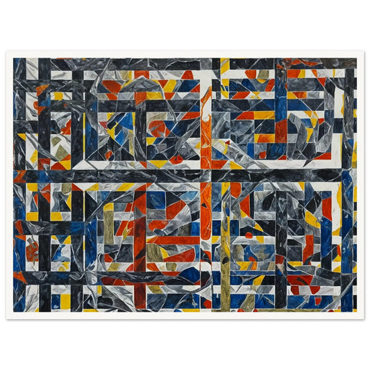 Intricate abstract painting with colorful geometric shapes forming a complex mosaic pattern, featuring blues, reds, yellows, and grays.