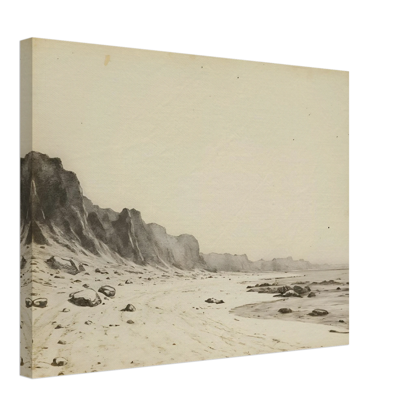 Minimal coastal landscape with pale sandy shore, rugged cliffs, scattered stones, and calm sea rendered in soft monochrome tones.