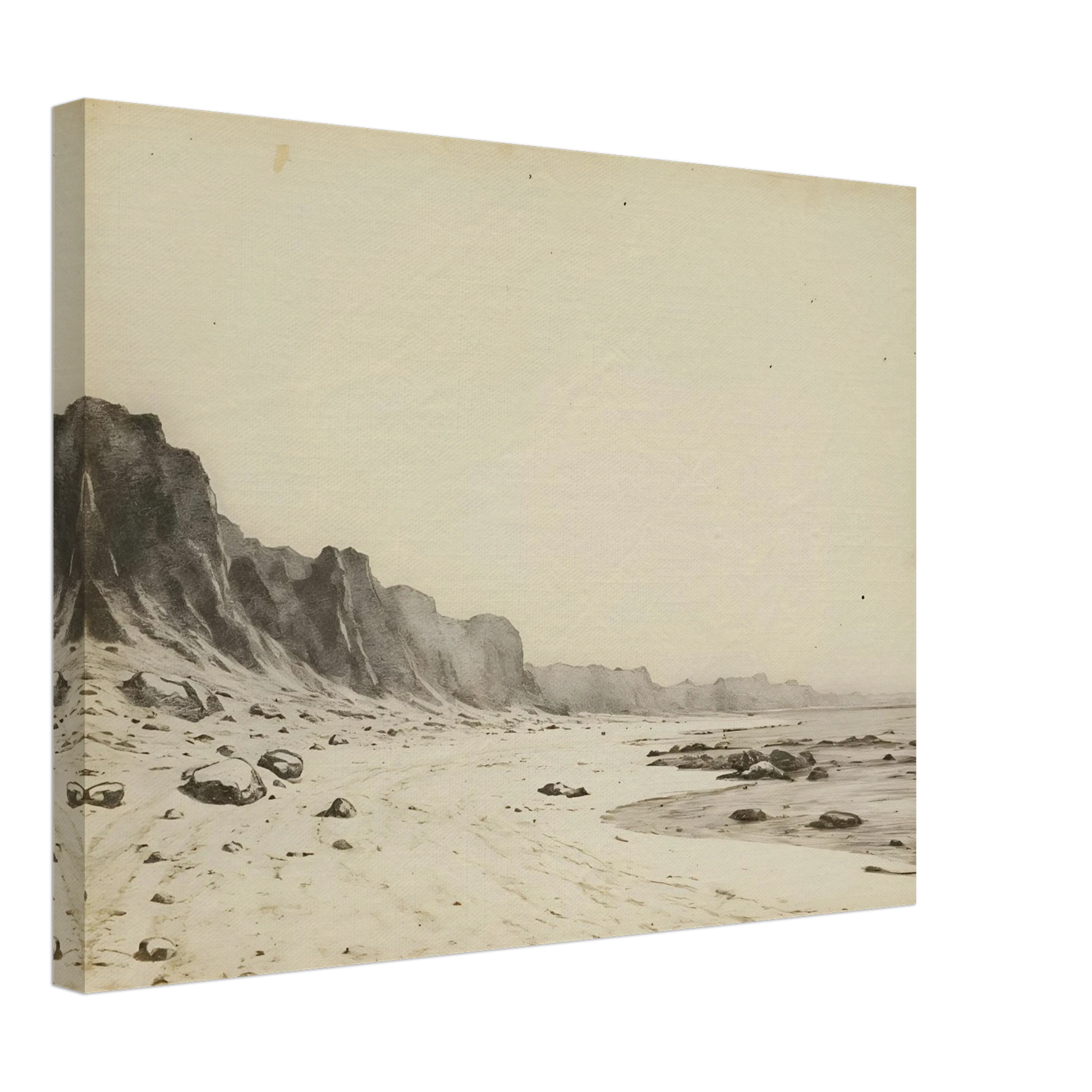 Minimal coastal landscape with pale sandy shore, rugged cliffs, scattered stones, and calm sea rendered in soft monochrome tones.