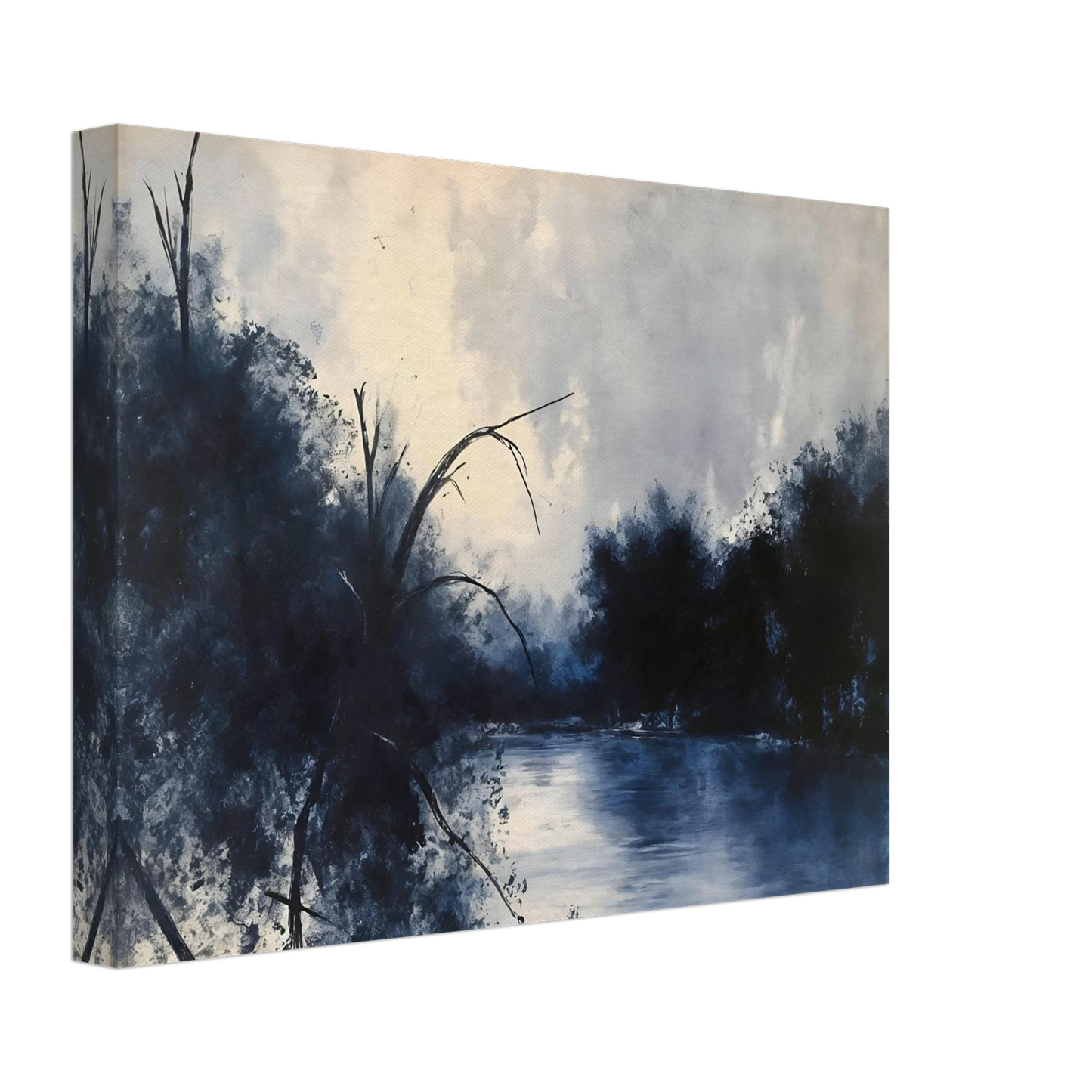 Blue river flows between dark trees beneath a pale cloudy sky in a moody woodland scene.